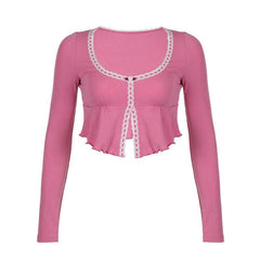 Ruffle long sleeve u neck lace hem slit contrast crop top