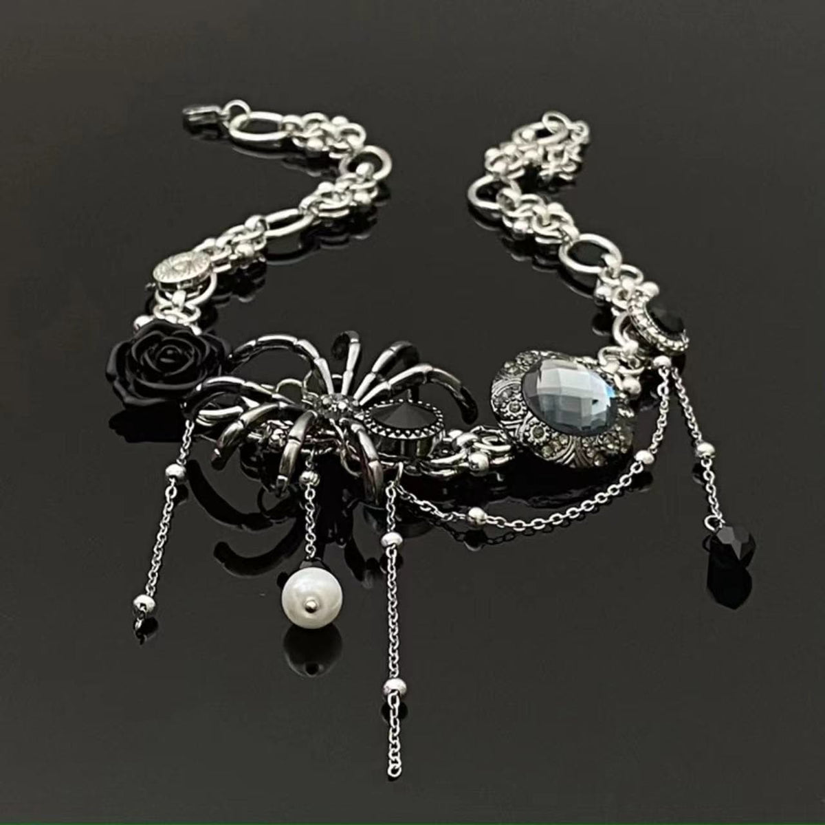 Spider rose beaded metal chain choker necklace