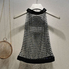 Crewneck hollow out see through beaded button cut out top