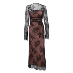 Long sleeve lace ruched shrug lace up 2 piece midi dress-final-sale
