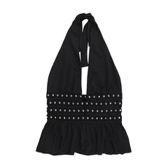 Halter deep v neck ruched ruffle rivet top