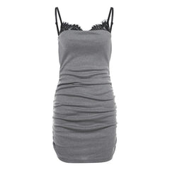 Ruched lace patchwork contrast v neck backless mini dress