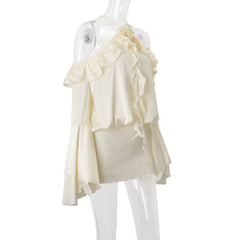 Flared sleeve halter backless ruffle drawstring mini dress