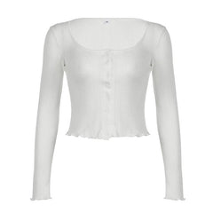 Long sleeve u neck button textured top