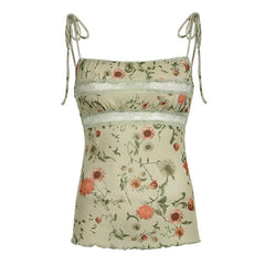 Lace hem flower print ruffle cami top