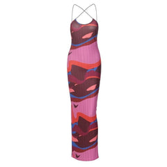 Ribbed contrast cross front backless spaghetti strap maxi dress-final-sale