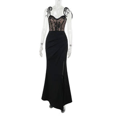 Sweetheart neck lace patchwork slit cami maxi dress
