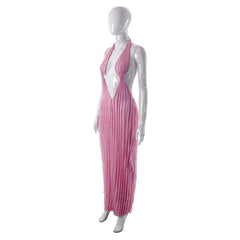 Textured ruffle solid halter self tie v neck backless maxi dress-final-sale