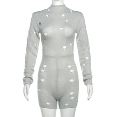 Hollow out long sleeve high neck self tie crochet solid romper-final-sale