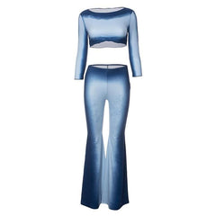 Long sleeve gradient crewneck ruffle pant set-final-sale