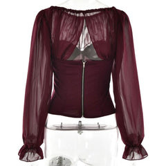 Long sleeve chiffon patchwork corset zip-up top