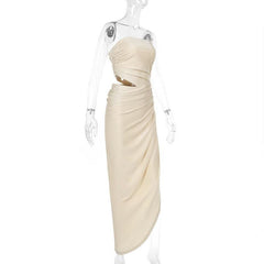 Ruched irregular hollow out solid tube cut out maxi dress