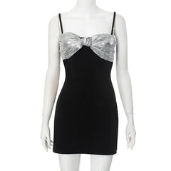 Knotted glitter patchwork backless cami mini dress