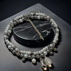 Layered faux pearl pendant choker necklace