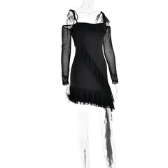 Ruffle self tie irregular off shoulder mesh long sleeve mini dress-final-sale