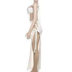 Irregular one shoulder high slit o ring self tie maxi dress