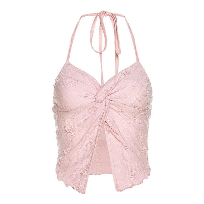 Halter self tie v neck textured knotted slit crop top