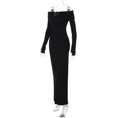 Off shoulder long sleeve slit o ring maxi dress