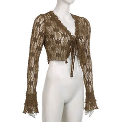 Long sleeve lace self tie crop top