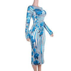 Crewneck long sleeve striped flower print midi dress