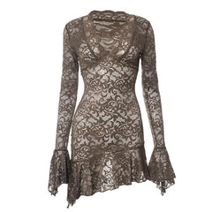 Long flared sleeve lace ruffle see through mini dress-final-sale