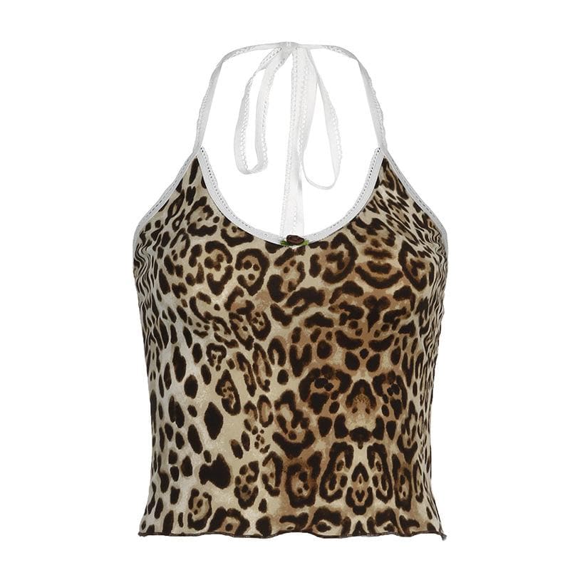 Leopard print halter v neck flower applique cami top