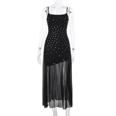 Mesh u neck beaded backless cami maxi dress