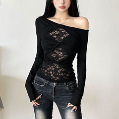 Off shoulder long sleeve lace patchwork top