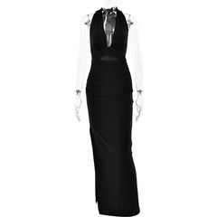 Halter deep v neck slit backless ruched maxi dress