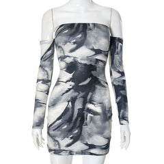 Off shoulder tie dye print long sleeve mini dress