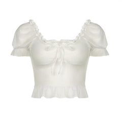 Short puff sleeve ruffle ruched knotted crop top-final-sale