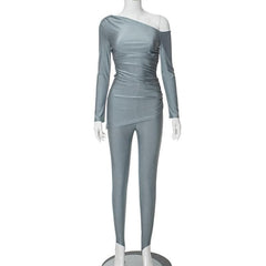 Ruched off shoulder long sleeve irregular solid pant set-final-sale