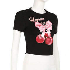 Short sleeve cherry print crewneck crop top