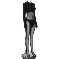 Gloves long sleeve mesh patchwork solid zip-up jumpsuit-final-sale