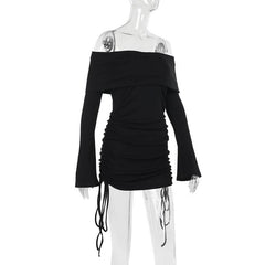 Long flared sleeve off shoulder drawstring mini dress-final-sale