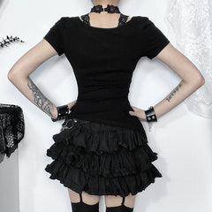 Short sleeve u neck halter lace irregular top