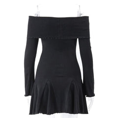 Long sleeve ruffle off shoulder solid ruched mini dress-final-sale