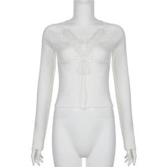 Fluffy patchwork solid long sleeve self tie top-final-sale