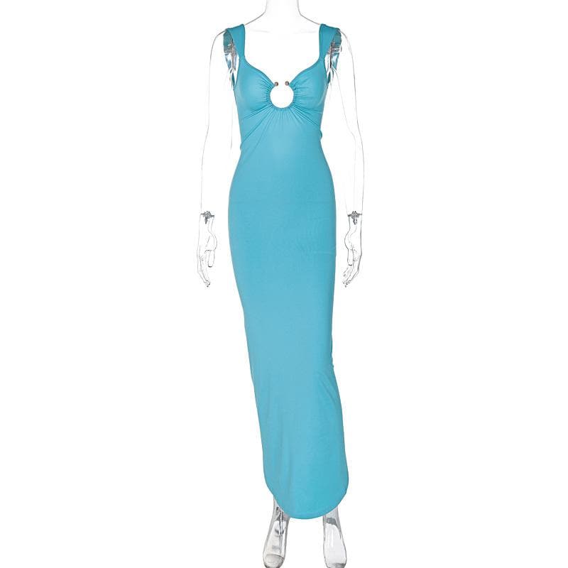 O ring ruched hollow out high slit cami cut out maxi dress