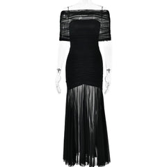 Off shoulder ruched mesh patchwork solid maxi dress