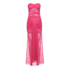 Mesh ruched hollow out see through tube cut out maxi dress