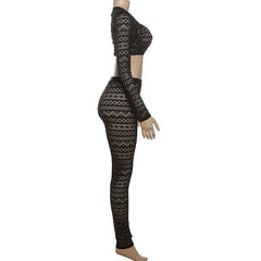 Long sleeve hollow out crewneck medium rise pant set