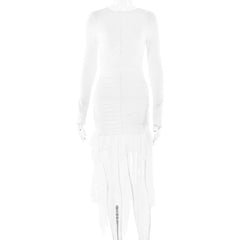 Long sleeve crewneck lace backless ruched midi dress