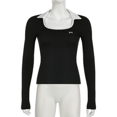 Long sleeve turnover collar bowknot embroidery top