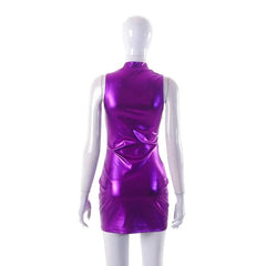 High neck metallic sleeveless solid mini dress-final-sale