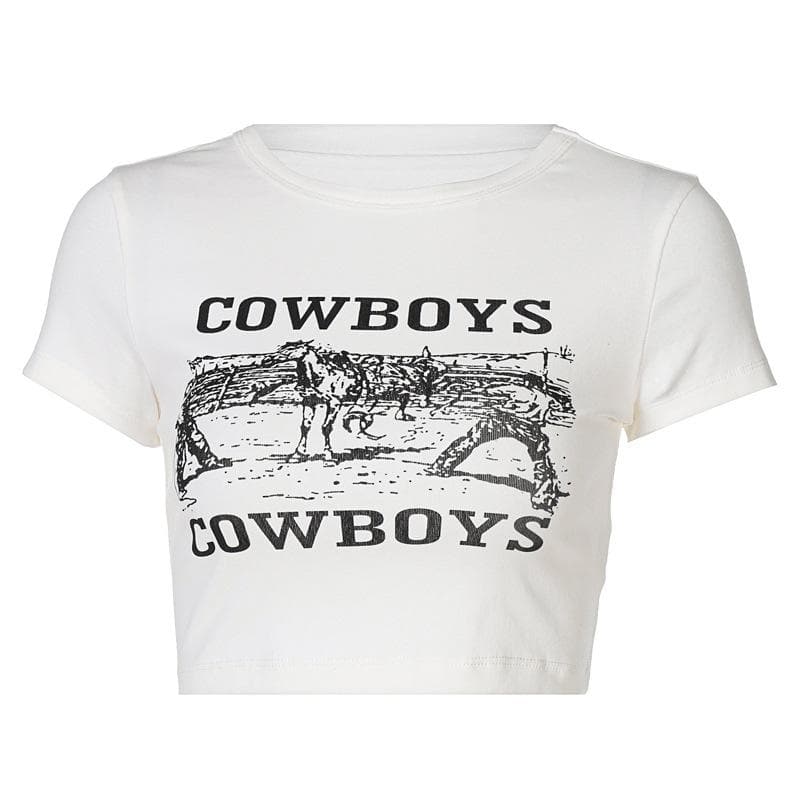 “COWBOYSâ€?print short sleeve crewneck crop top