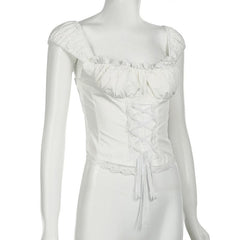 Cap sleeve lace hem lace up ruched top
