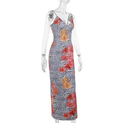 V neck leopard print slit backless maxi dress