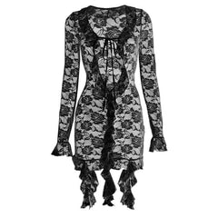 Long flared sleeve lace see through ruffle self tie mini dress-final-sale