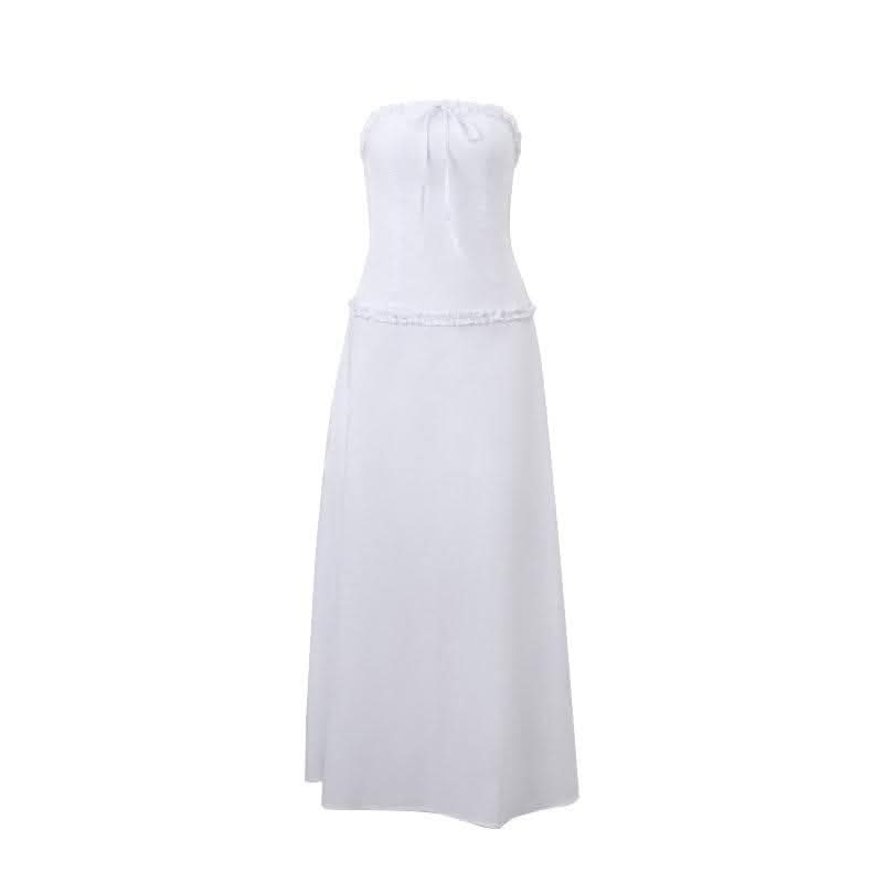 Ruffle bowknot smocked zip-up backless solid tube midi skirt set-final-sale